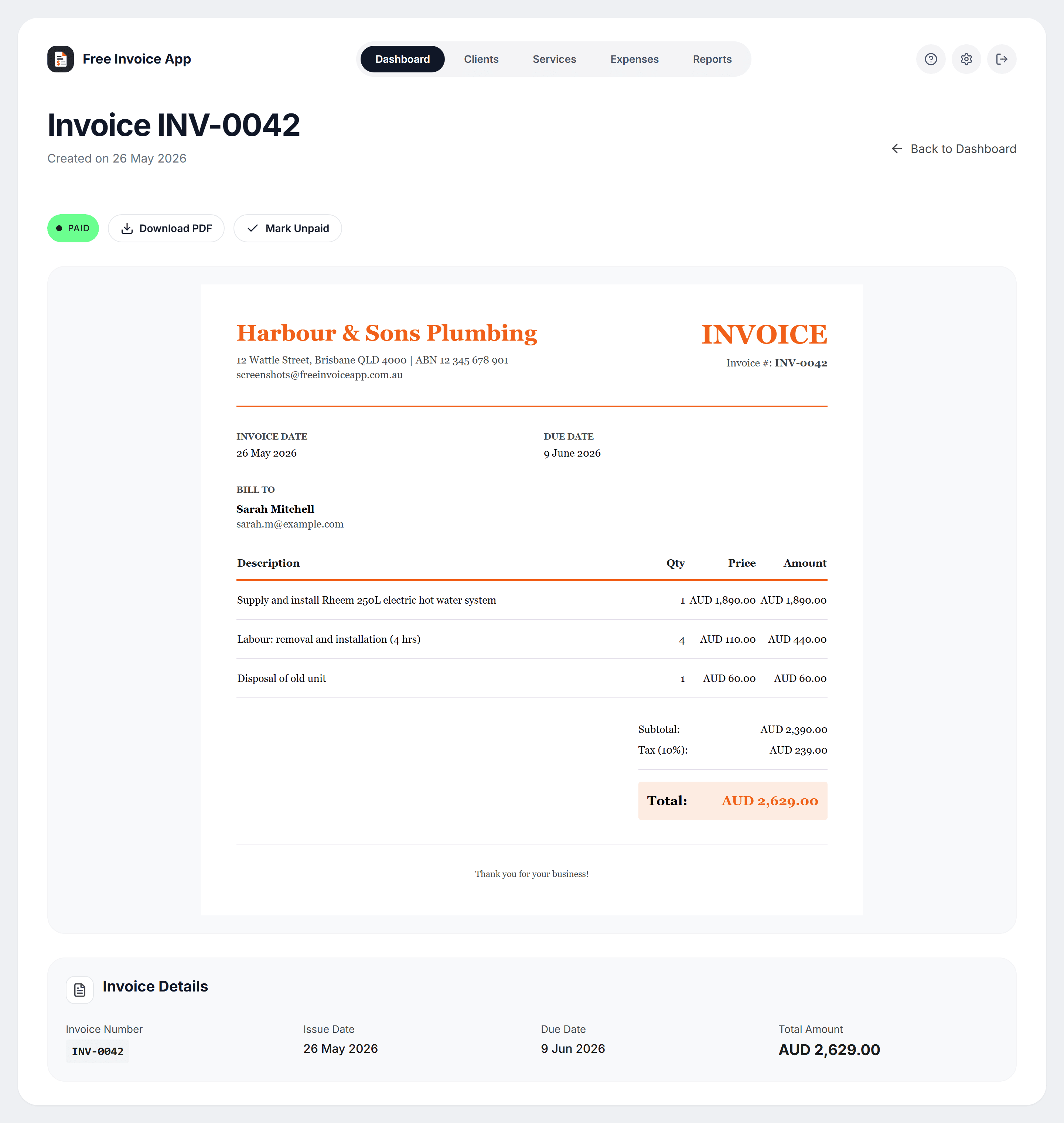 A plumbing business invoice in Free Invoice App with ABN, labour and materials line items, GST, and a paid status badge