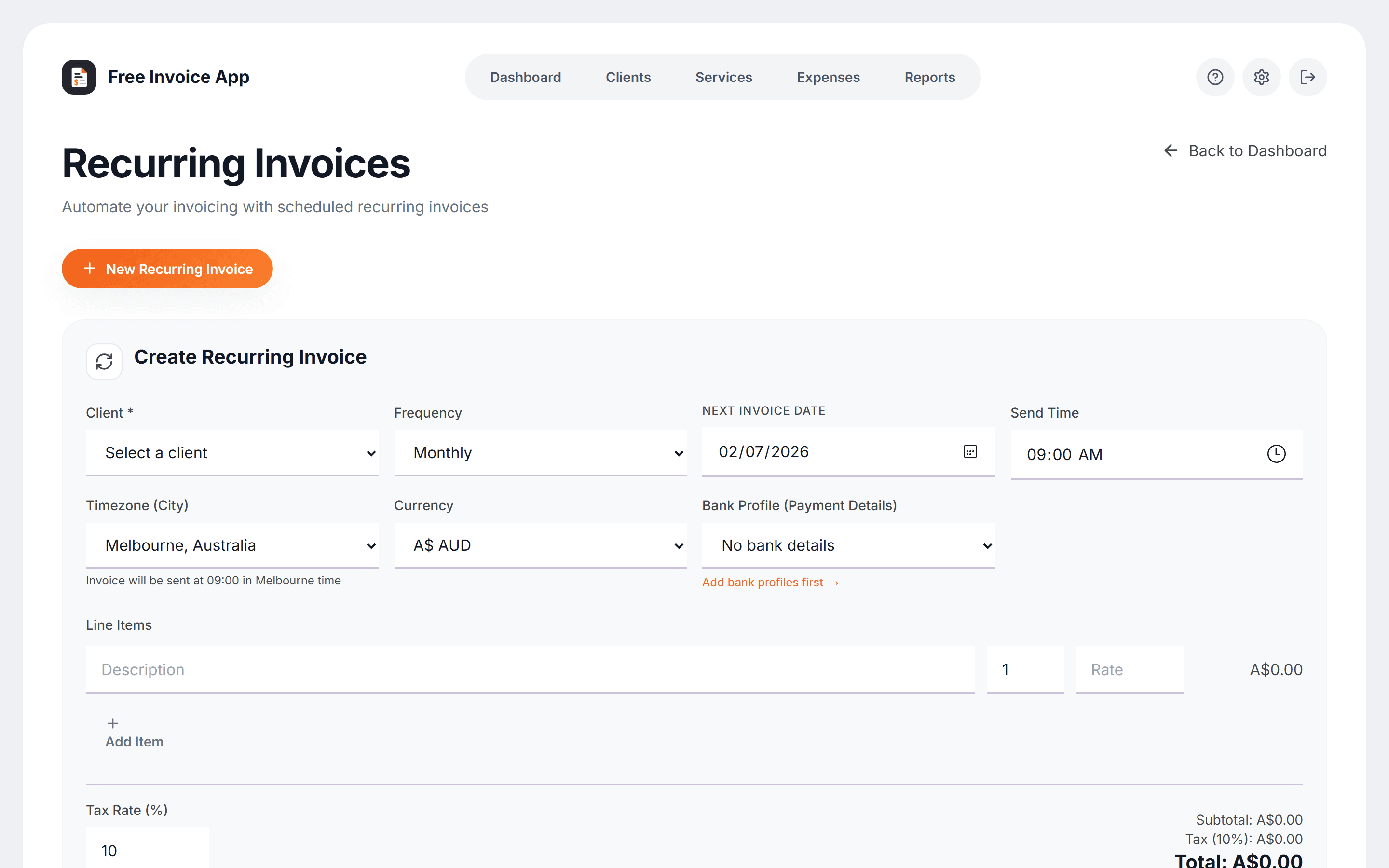 The recurring invoice setup screen in Free Invoice App with client, monthly frequency, next invoice date, send time, and timezone fields